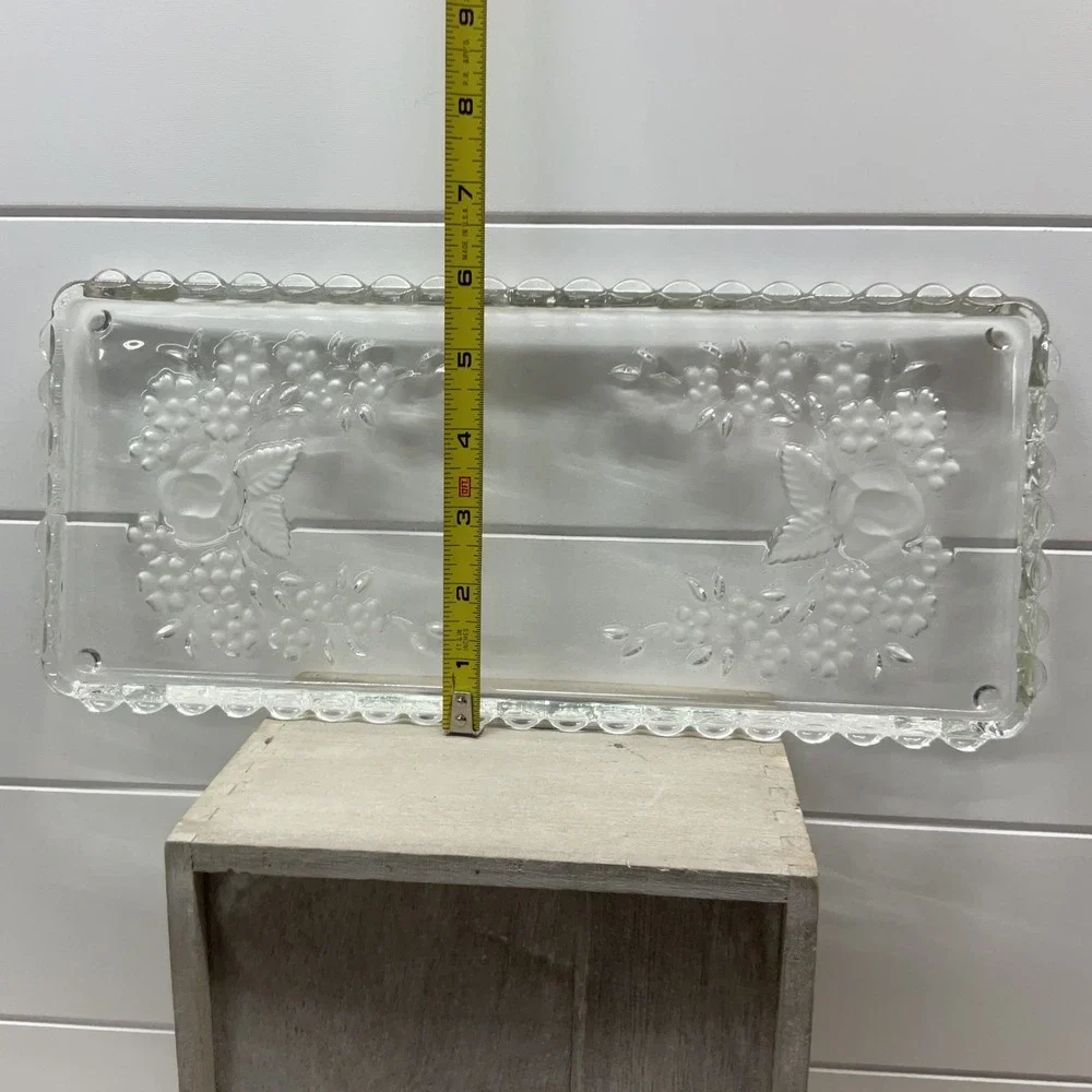 Vintage Clear Pressed Glass Rectangular Tray Frosted Rose Floral Beaded Rim 12in